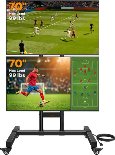 Perlegear PGTVC31B - Soporte de TV rodante para pantallas duales de 32 a 70 pulgadas, soporta hasta 99 libras cada una, soporte de TV móvil con toma