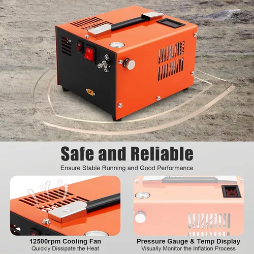 Vista 6 de Compresor de aire PCP 4500 PSI, bomba de aire de alta presión con doble potencia 12V CC y 110V CA, compresor portátil sin aceite para rifles de aire