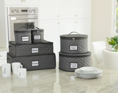 Vista 7 de Paquete de 2 cajas de almacenamiento de platos pequeños de 6 pulgadas, contenedor de almacenamiento de China, apilable con interior acolchado