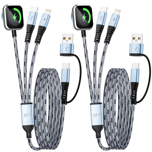 Vista 17 de Cable de Carga Múltiple para Cargador de Apple Watch, 4 en 1 Cable Cargador de Teléfono USB A/C con Doble Tipo-C/IP, Cable Magnético iWatch de Nylon
