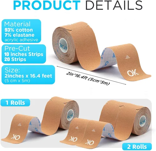 Vista 6 de OK TAPE Cinta de kinesiología de 10 pulgadas precortada, 20 tiras, cinta atlética elástica de algodón sin látex, 2 pulgadas x 16 pies, 2 rollos Beige