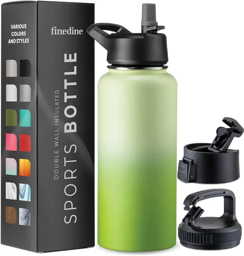 Vista 44 de FineDine Botellas de agua aisladas de triple pared con popote, botella de metal de acero inoxidable de 25 onzas con 3 tapas a prueba de fugas