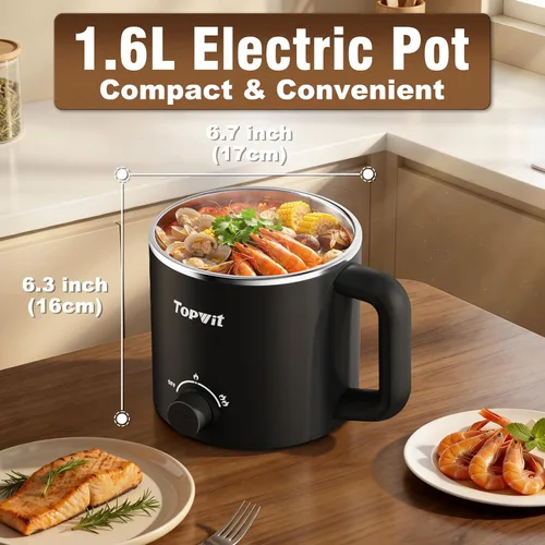 Vista 3 de Topwit Olla eléctrica, olla eléctrica, olla ramen de 1.6 L, olla eléctrica multifuncional para pasta, shabu-shabu, avena, sopa y huevo