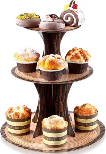 Soporte de madera para cupcakes de bosque, decoración de baby shower, 3 niveles, madera rústica, fiesta de cumpleaños, cartón, árbol, soporte para