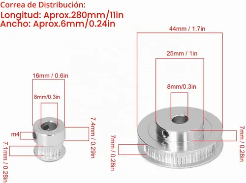 Vista 6 de Juego de polea de sincronización de aluminio de rueda síncrona, 20 dientes, 60 dientes con 11.024 in de longitud, 0.236 in de ancho, correa