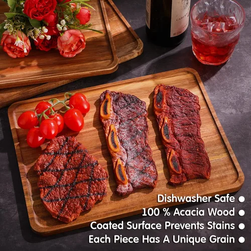 Vista 5 de Roowest Paquete de 5 bandejas de madera de acacia maciza para grabado láser, tablero rectangular de madera para aperitivos de alimentos, platos
