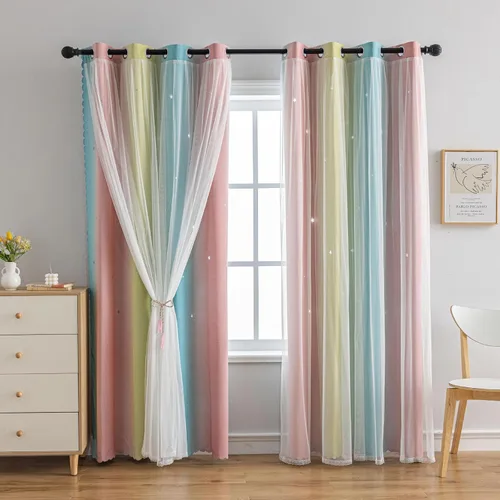 Cortinas opacas con recortes de estrellas para dormitorio de niñas y niños, doble capa con superposición transparente, cortinas de princesa de
