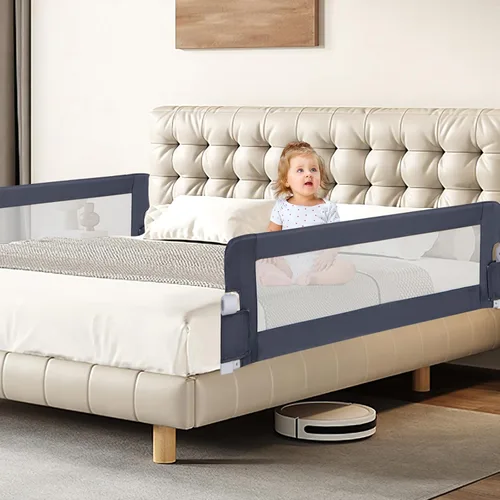 Vista 2 de BABY JOY Protector de barandilla de cama de doble cara, paquete de 2, extra largo, abatible para cuna convertible, barandilla plegable de seguridad