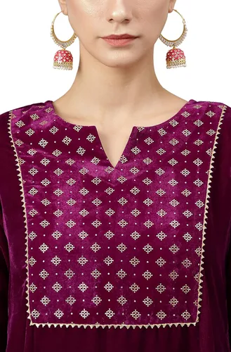 Vista 8 de Janasya Indian - Kurta de terciopelo morado con pantalón y Dupatta para mujer