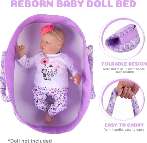 Vista 3 de BABESIDE Reborn Baby Dolls Moisés plegable para muñeca de bebé, cama de cuna suave para muñecas con asa para muñecas de 17 a 22 pulgadas (morado)