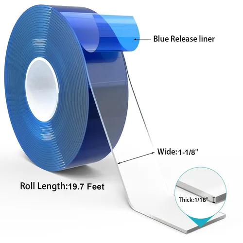 Vista 2 de Cinta adhesiva de doble cara resistente, cinta adhesiva nano transparente de 1-1/8 pulgadas x 20 pies, tiras para colgar imágenes de dos caras