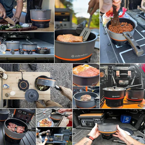 Vista 7 de Stoke Voltaics Sistema de cocina Nomad con bolsa, estufa eléctrica de campamento de 200 a 1000 W con sartén y olla, juego de equipo de cocina