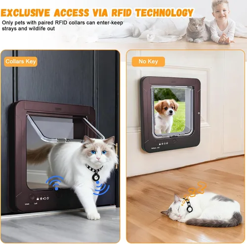Vista 3 de Puerta inteligente para gatos con sensor de 3 collares, collar de puerta de gato RFID activado con control remoto, bloqueo de 4 vías, puerta Marrón