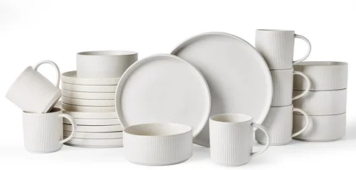 Vista 29 de Juego de vajilla Famiware Star con tazas, servicio para 4 (16 piezas), platos y cuencos de gres acanalado, resistentes a las astillas y a
