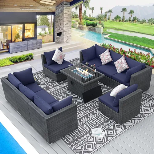 Vista 43 de BULEXYARD Juego de muebles de exterior de respaldo alto de 7 piezas con hoguera, juego de sofá de patio de mimbre duradero para todo tipo de clima