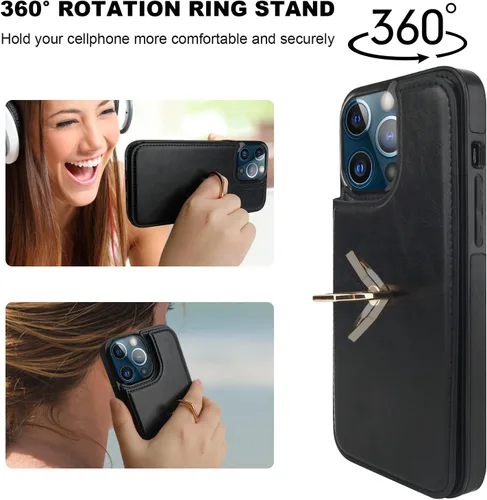 Vista 4 de ONETOP Funda tipo cartera para iPhone 13 Pro Max con soporte para tarjetas, anillo de rotación de 360°, función atril, bloqueo RFID, piel sintética