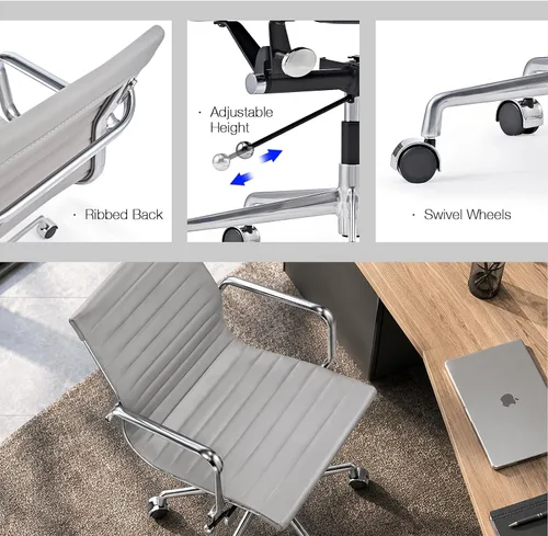 Vista 4 de Gray Office Chair, PU Leather Mid Back Adjustable Desk Chair Adjustable Height with Quiet Rolling Casters
