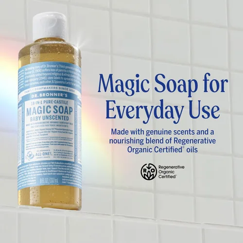 Vista 2 de Dr. Bronner's Pure-Castile Magic - Jabón líquido (bebé sin perfume, 8 onzas), fabricado con aceites orgánicos regenerativos certificados, para cara