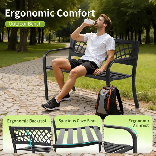 Vista 5 de Banco de jardín, bancos al aire libre, banco de patio con marco de acero de hierro con patrón de malla y reposabrazos de respaldo de plástico