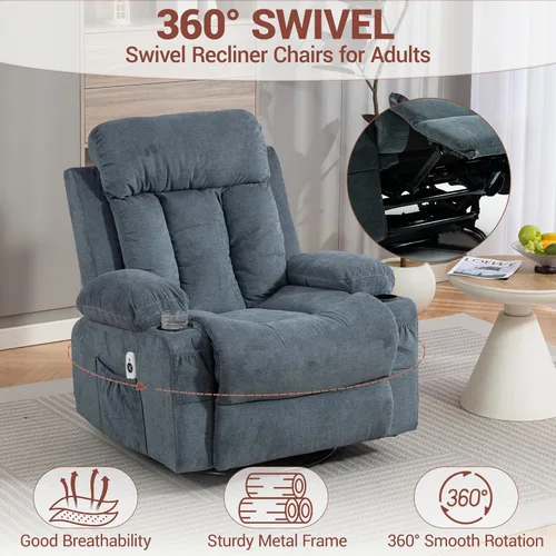 Vista 4 de Mecedora giratoria de 360°, silla reclinable con masaje por vibración y calor, sillas de salón ergonómicas con función mecedora y bolsillo lateral