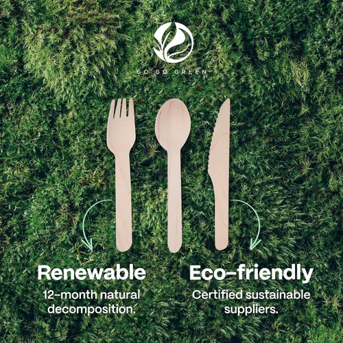 Vista 6 de Juego de cubiertos 100% compostables – 300 piezas de utensilios de madera compostables [120 tenedores, 90 cuchillos, 90 cucharas] – Cubiertos