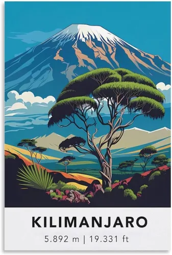 Kilimanjaro Póster de viaje vintage de Tanzania de 12 x 18 pulgadas (11.8 x 17.7 in) y lienzo de arte de pared para sala de estar, arte de pared