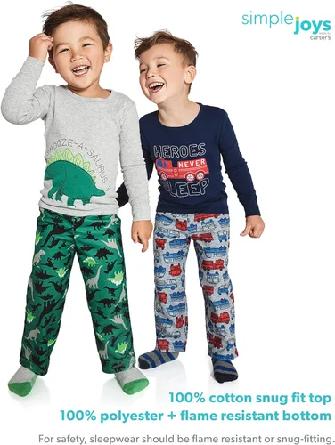 Vista 3 de Simple Joys by Carters Conjunto de pijama de 4 piezas para niños y niños pequeños parte superior de algodón y parte inferior de vellón