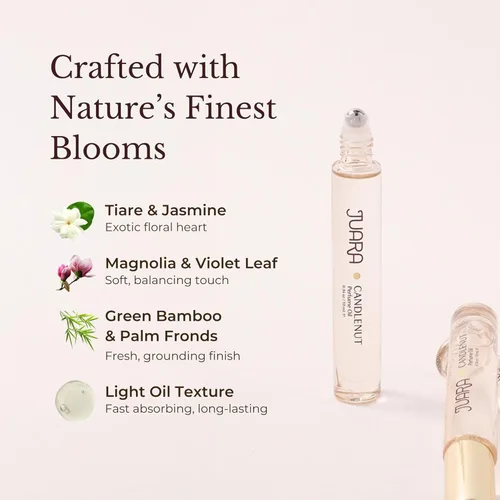 Vista 5 de Juara - Aceite de perfume Candlenut Roll-on Fragancia tropical para mujer Ingredientes naturales Lujo de larga duración Sin alcohol Sin