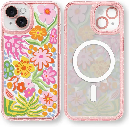 Vista 43 de Funda compatible con iPhone 15 Pro Max, bonita estética - Funda de teléfono rosa con purpurina con protector de cámara - Cubierta con estampado