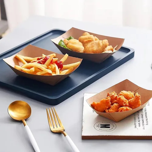 Vista 7 de Paquete de 100 bandejas de papel kraft de 1 libra, bandeja de papel desechable para servir papas fritas, nachos, aperitivos, perros calientes
