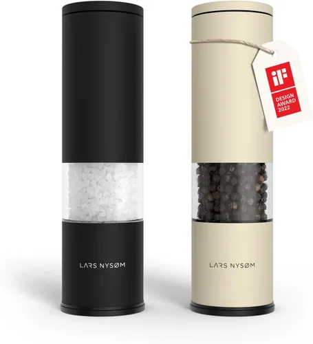 Vista 13 de LARS NYSØM Juego de molinillo eléctrico de sal y pimienta, molinillos automáticos de sal y pimienta con molinillo de cerámica ajustable, juego