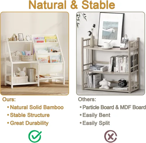 Vista 3 de BAMBANG Estantería para niños con almacenamiento, estante de 3 niveles para libros pequeños, estantería Montessori para bebé, dormitorio, sala