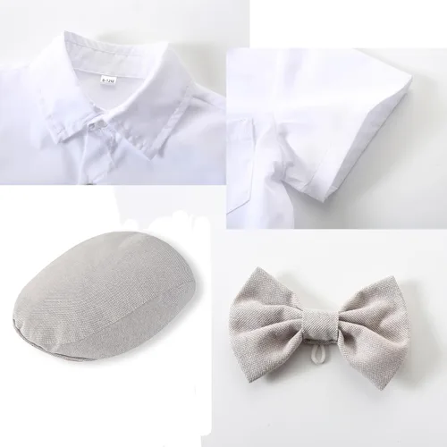 Vista 4 de Kimocat Conjunto de trajes de caballero para bebé, camisa corta de verano, corbatín + pantalones con babero, conjunto de ropa