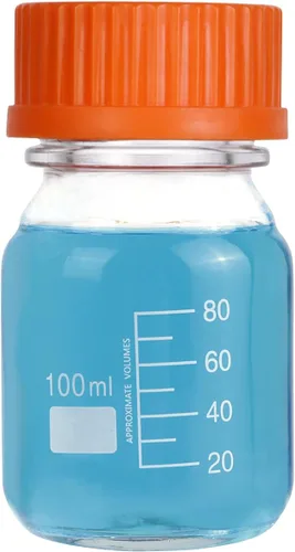 Vista 8 de Moonetto 20 botellas de vidrio redondas de almacenamiento de medios de laboratorio graduado de 3.4 fl oz con tapa naranja de polipropileno GL45