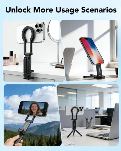 Vista 4 de Trípode magnético para iPhone – Mini soporte plegable para teléfono, agarre portátil con mango para selfie stick con 360°, artículos esenciales