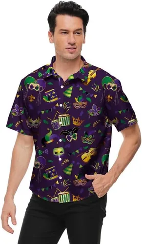 Vista 3 de Camisa de Mardi Gras para hombre, día de San Patricio, día de San Valentín, manga corta, con botones, hawaiana