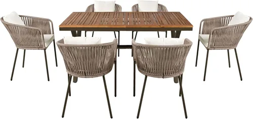 Vista 5 de Merax Mesa de comedor y sillas de patio de 7 piezas, juego de muebles de exterior para todo tipo de clima, mesa de madera de acacia, marco de metal
