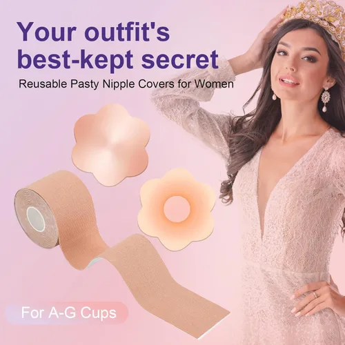 Vista 7 de Kit de cinta adhesiva para senos Boobytape para levantamiento de senos con 1 cinta corporal, 2 pétalos de pecho de silicona, 12 calcomanías