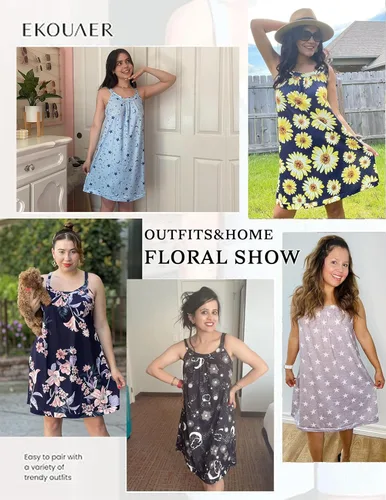 Vista 4 de Ekouaer - Camisón de dormir para mujer, sin mangas, con tirantes anchos, plisado, de cuello redondo, tallas S-4XL