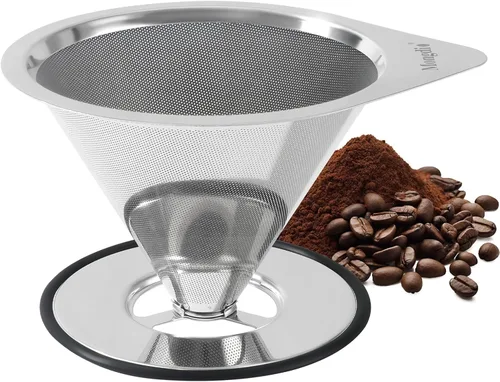 Vista 8 de Mongdio Gotero de café vertido, gotero de café de acero inoxidable, filtro de café de metal reutilizable, diseño de doble malla para verter sobre