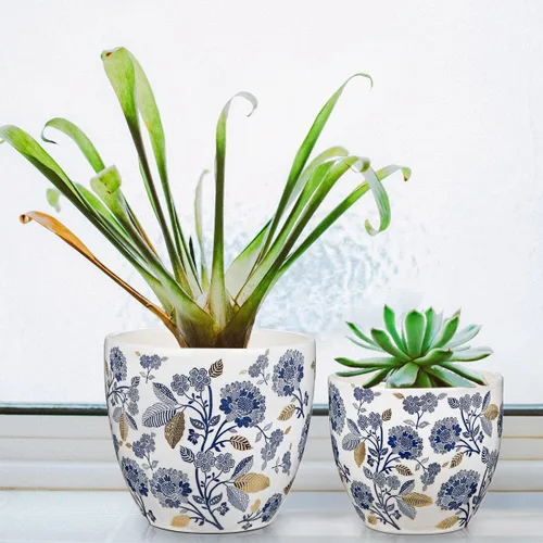 Vista 3 de Macetas decorativas azules y blancas, macetas de cerámica con acento dorado para plantas de interior, macetas con drenaje, maceta retro para floral