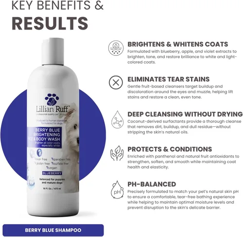 Vista 3 de Lillian Ruff PRO Formula Berry Blue Brightening Champú para mascotas – Champú blanqueador profesional ultrahidratante para perros, potenciador