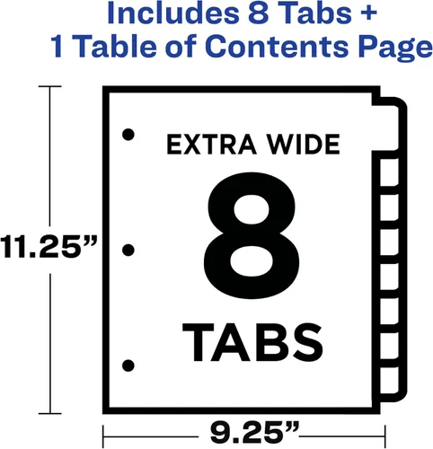 Vista 3 de Avery Extra-Wide 8 Tab Dividers for 3 Ring Binders, Customizable Table of Contents, Multicolor Tabs, 1 Set (11163)