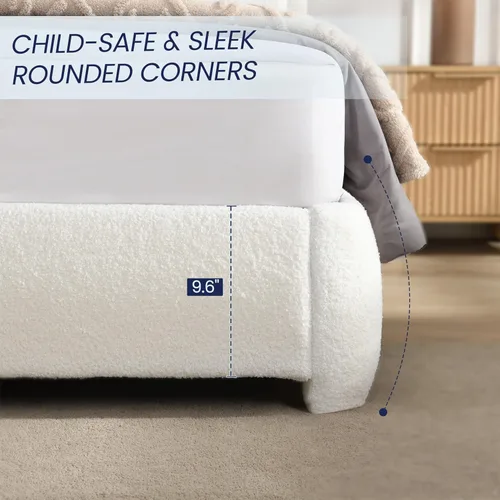 Vista 4 de Flolinda Base de cama tapizada de tamaño Queen con cabecera ajustable, plataforma moderna con listones de madera de tela Boucle, perfil bajo,