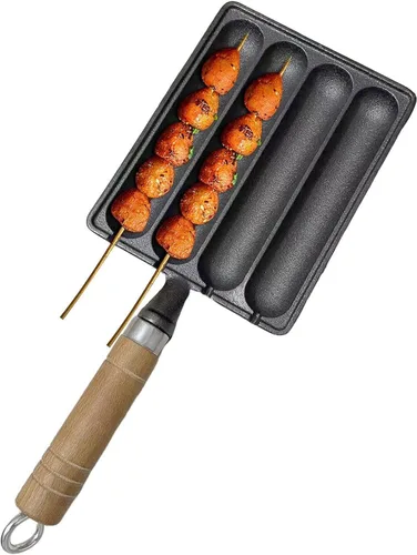 Vista 8 de Sartén de la parrilla de la salchicha del arrabio, bandeja de la hornada del palillo con la manija de madera anti escaldar, sartén