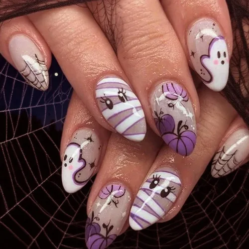 Vista 14 de Uñas cortas a presión para Halloween, uñas postizas cuadradas de personajes de películas de miedo, uñas postizas con pegamento de Halloween