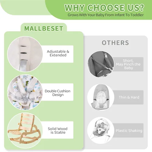Vista 6 de MallBest Silla mecedora 3 en 1 para bebé con cojines dobles, para 0-12 meses, balancín de madera ajustable para bebés con cojín extraíble y arnés