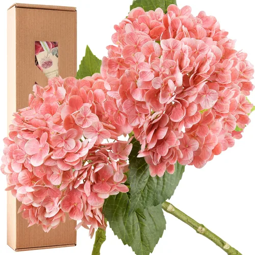 Vista 14 de FiveSeasonStuff Flores de hortensias de seda Real Touch, 2 flores artificiales grandes de tallo largo para arreglos florales (naranja otoño)