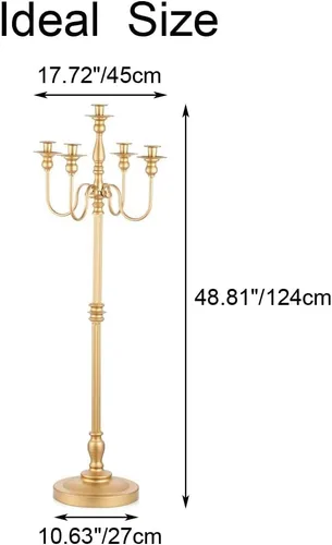 Vista 6 de Candelabro de boda dorado alto – Candelabro antiguo de 50 pulgadas, candelabro de metal de 5 brazos, candelabro en espiral, centros de mesa de ópera