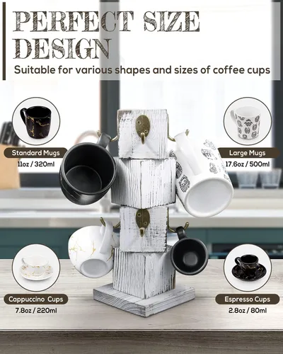 Vista 5 de PUERSI Soporte para Tazas de Café para Encimera, Árbol de Tazas de Madera Sólida Rústica, Estante de Tazas de Café de Madera de Estilo Granja con 8